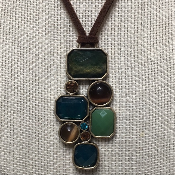 Lia Sophia Multi Stone Necklace on Brown Suede. - Picture 2 of 8